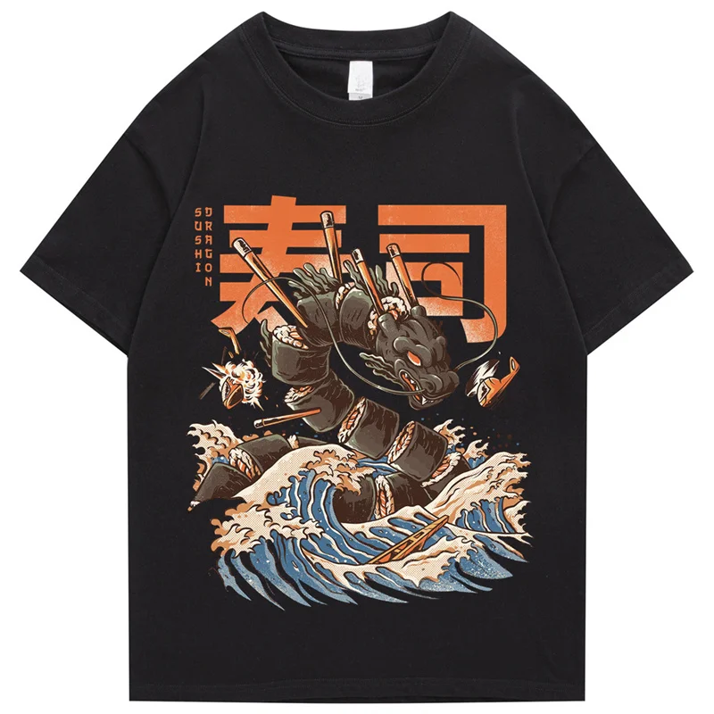 Hip Hop Men\'s Street T-Shirt Japanese Kanji Dragon Print T-Shirt 2022 Harajuku 100%Cotton Casual Summer Short Sleeve T-Shirt Men