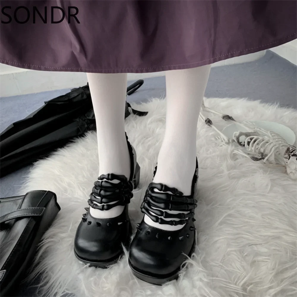 Womens Rivet Skull Gothic Punk Platform strange Cross High Heel Pumps Shoes Creepers Japanese Harajuku Dark