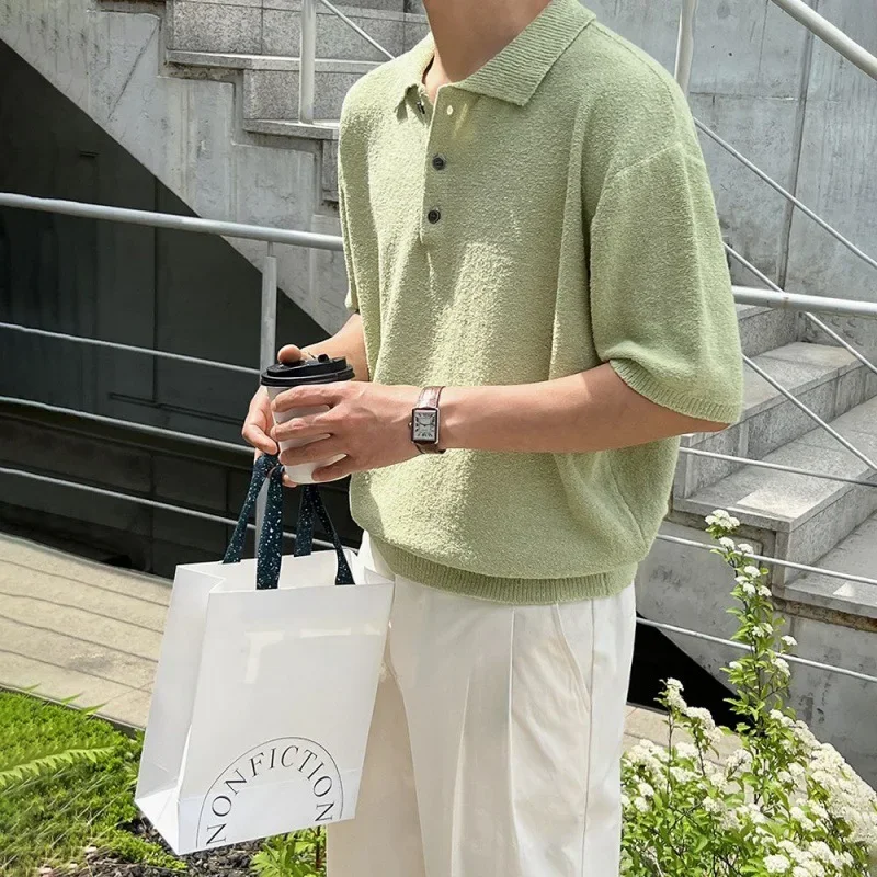Pop Simple Vintage Knitted Polo Shirts Men's Short Sleeve Turn-down Collar Casual Trendy Solid Color Simple T-shirts Male Clothe