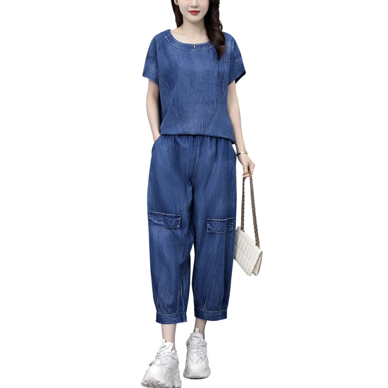 Summer Casual Thin Denim Two-piece Set For Women T-shirt Tops And Harem Pants Female Large Size Blue Loose Soft Matching Suits