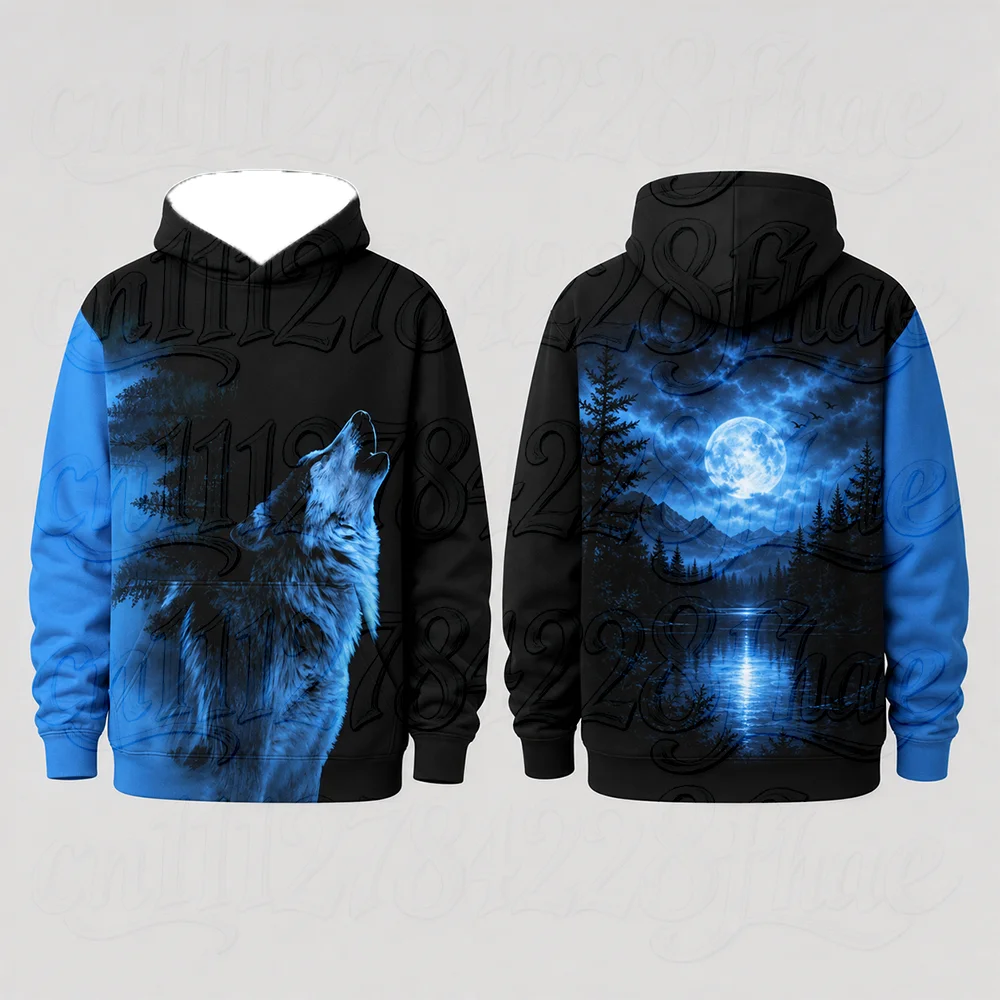 Men's 3D Blue Moon Night Wild Animal Graphic Hoodies Aesthetic Forest Wolf Sweatshirts Loose Casual Outdoor Pullover Clothing