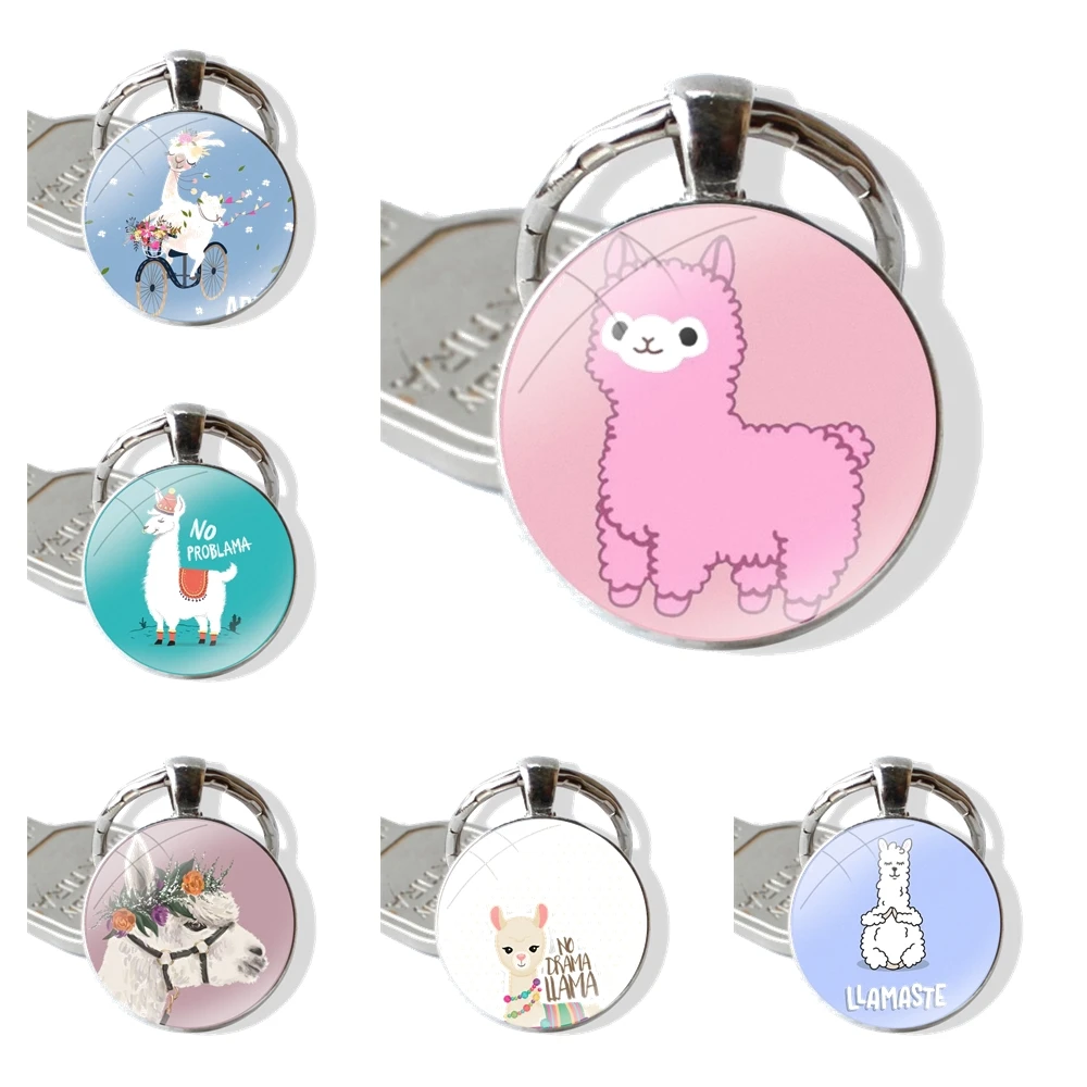 Keychain Handmade Glass Cabochon Key Ring Holder Pendant Key Chains Lama Llama Alpacas Animal