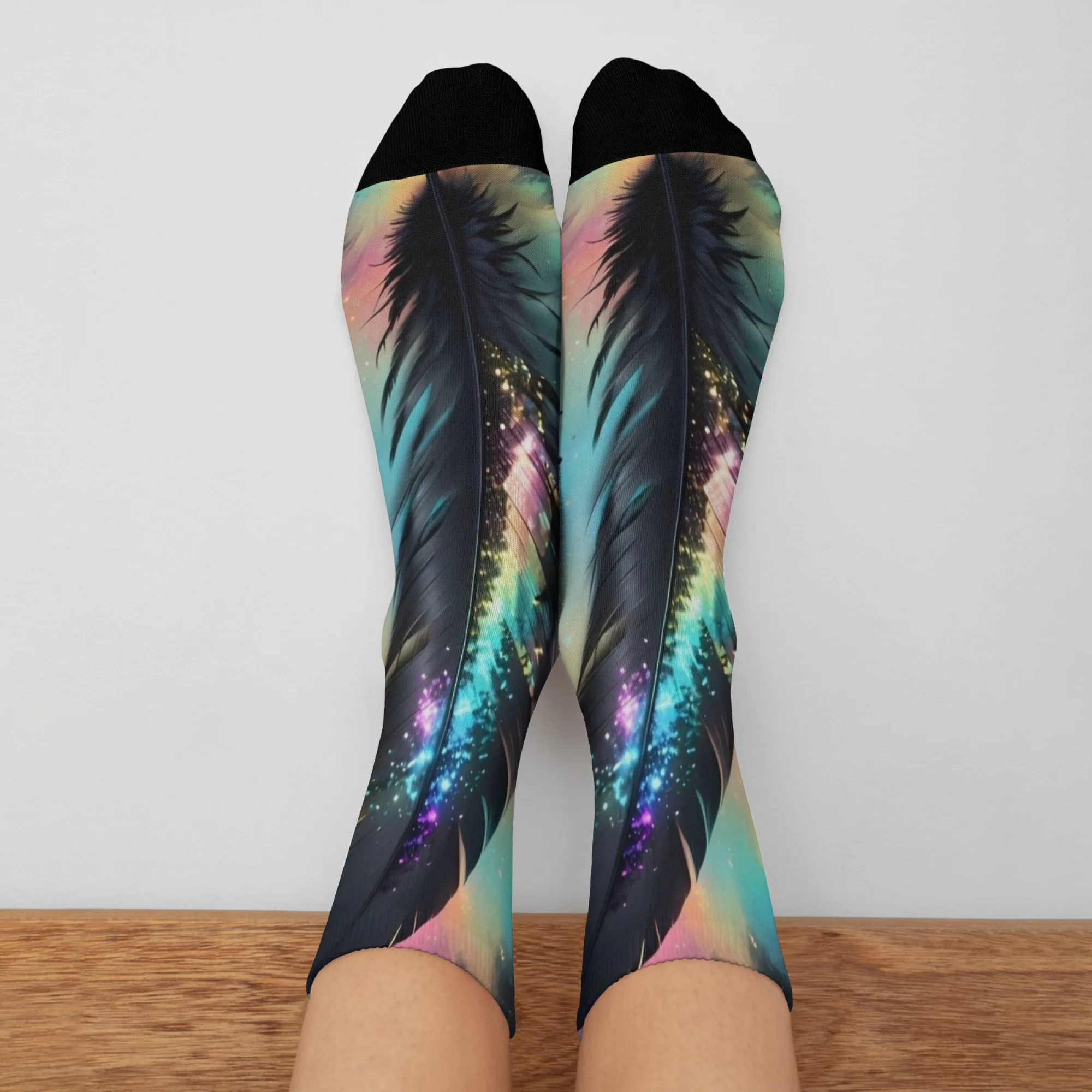 

An illustration of black feathers full of dreamy colors print novelty funny men's socks Harajuku retro style socks happy gift