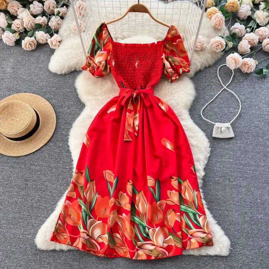 INS femmes été chic mince imprimé floral bandage robe midi décontracté col carré streetwear a-ligne vestido de festa robe de plage