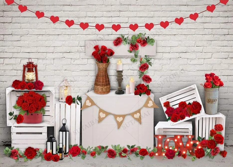 Valentine Day Party Background Love Heart Red Flower White Brick Wall Marriage Decor Bridal Shower Vinyl Photo Studio Photophone