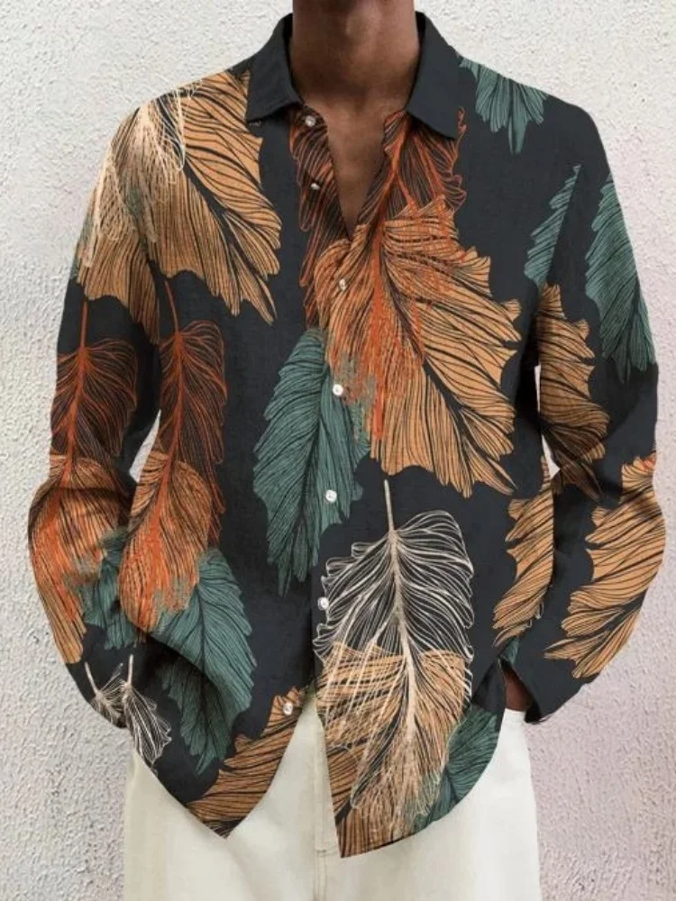 

Модные осенние повседневные свободные рубашки с принтом листьев, мужские праздничные топы на пуговицах с лацканами, 20259, богемная винтажная мужская одежда, туники
