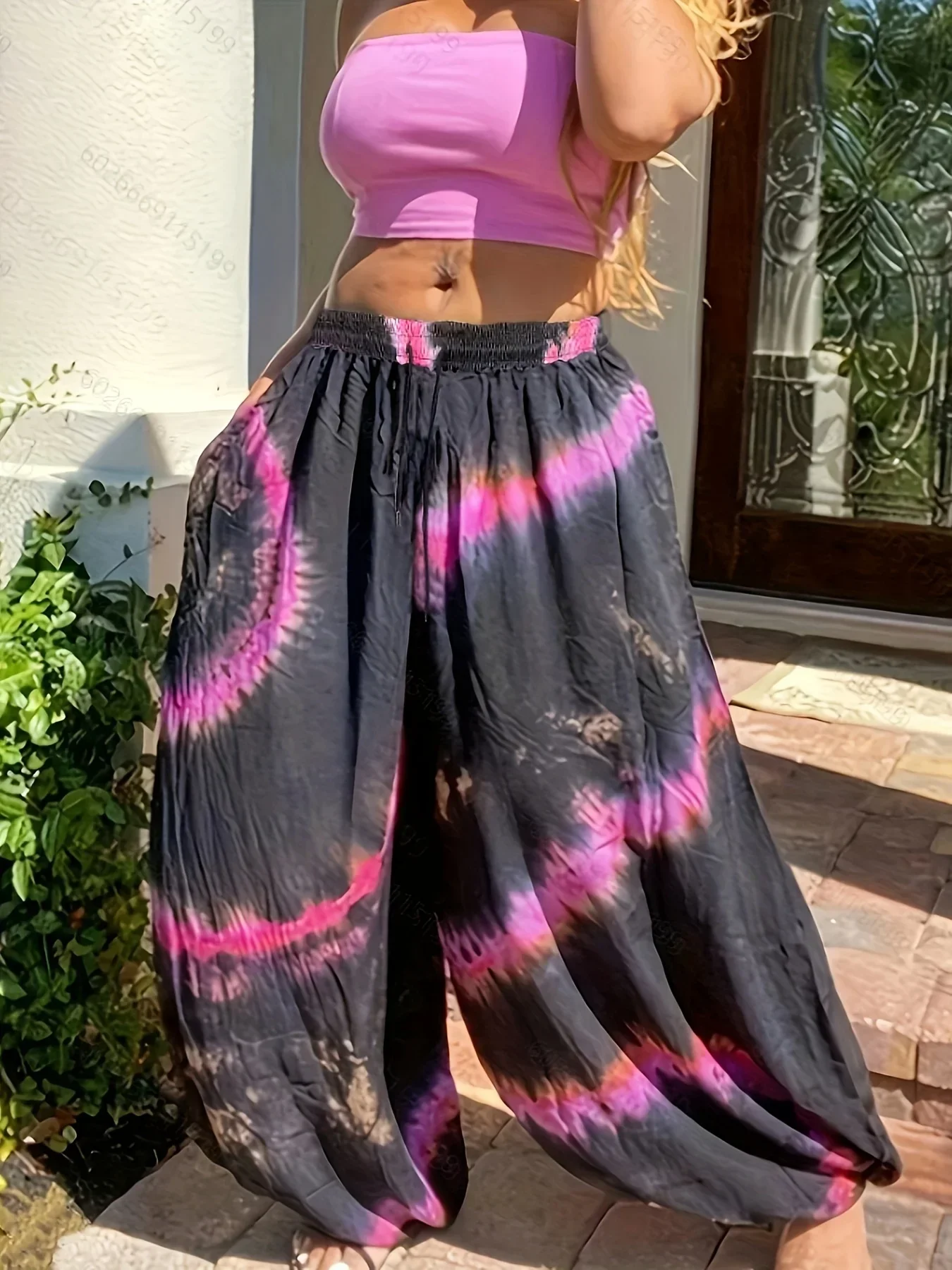 

Plus Size 1XL-5XL Women Fashion Tie Dye Comfort Wide Leg High Waisted Pants Female Casual Vacation Loose Long Trousers