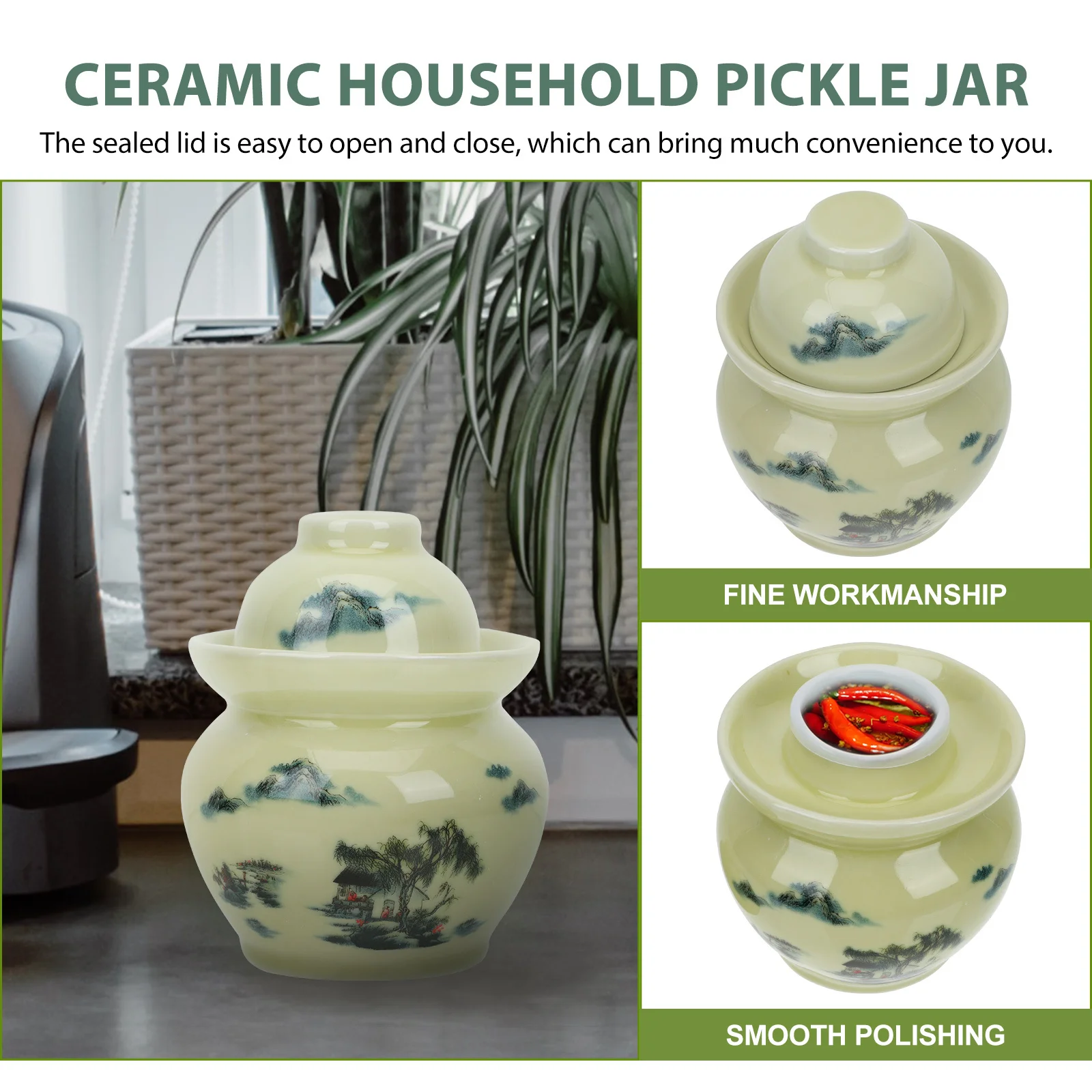 

Ceramic Pickle Jar with Sealed Lid Small Compact Storage Holder for Kitchen Food Grains Honey Salted Egg Pickles Fermented