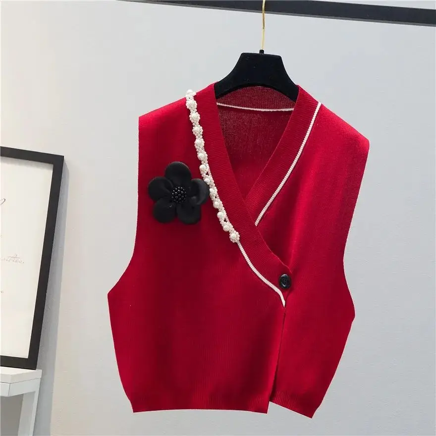 Spring Autumn Fashion V-neck Elegant Chic Beads Sleeveless Knitted Sweater Vest Casual Street Solid Loose Pullovers Top Female