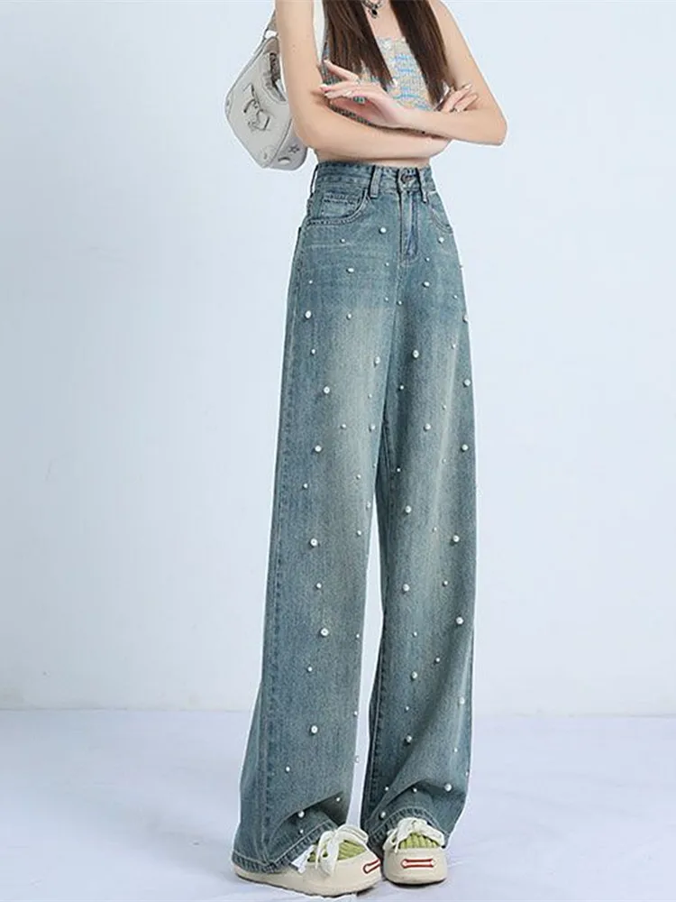 Japanese 2000s Style Y2K Fashion Pearl Baggy New Jeans Kpop Pants For Women Clothing Washed Blue Harajuku Lady Denim Trousers