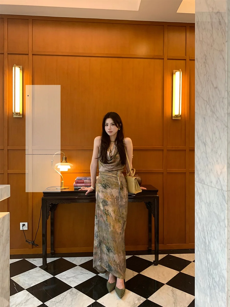 

Summer New Sle Oil Painting Print ter Ne Wrap Skirt Two-Piece Set for Women Ele Faionable Chinese Origin