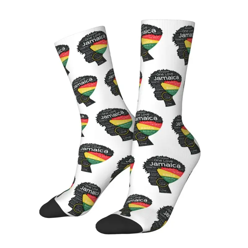 Cool Printed Jamaica Jamaican Woman Afro Puff Socks for Women Men Stretch Summer Autumn Winter Afro Word Art Crew Socks