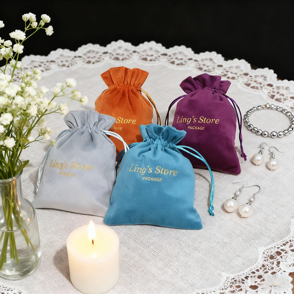 

50Pcs Customized Logo Jewelry Organizer Bag Velvet Drawstring Pouch Cosmetic Perfume Packaging Wedding Candy Gift Storage Pocket