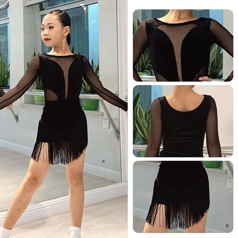 

Новое платье с бахромой для латинских танцев для девочек, черный танцевальный костюм с длинными рукавами, детская одежда для латинских выступлений, одежда для ча-ча-самбы 2577