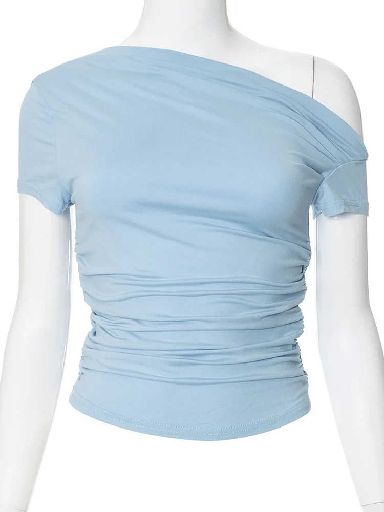 Women's High Elasticity Solid Color Slash Shoulder Short Sleeve Pleated Navel Reveal Casual Top