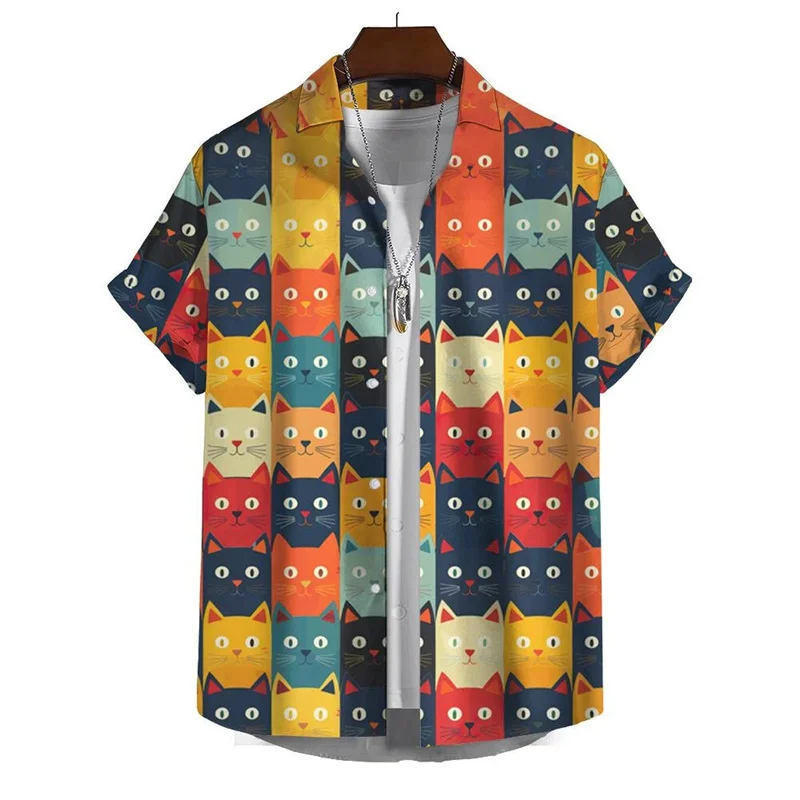 3D Printed Cute Cat Hawaiian Shirt For Men Colorful Splicing Pattern Blouse Summer Oversized Lapel Short Sleeves Aloha Shirts