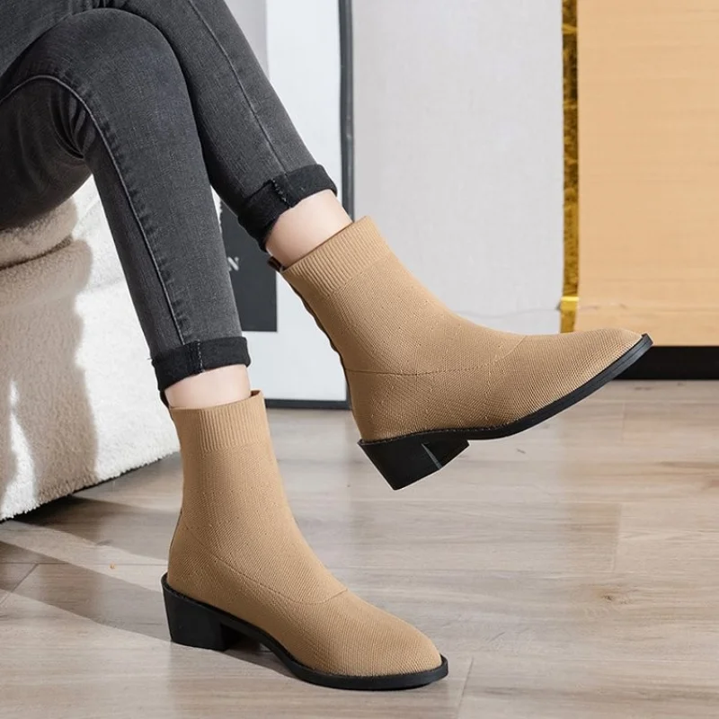 2023 New Knit Fabric Booties Women Spring Autumn Breathable Stretchy Knit Ankle Boots High Heels Boots Slip on Ladies Shoes