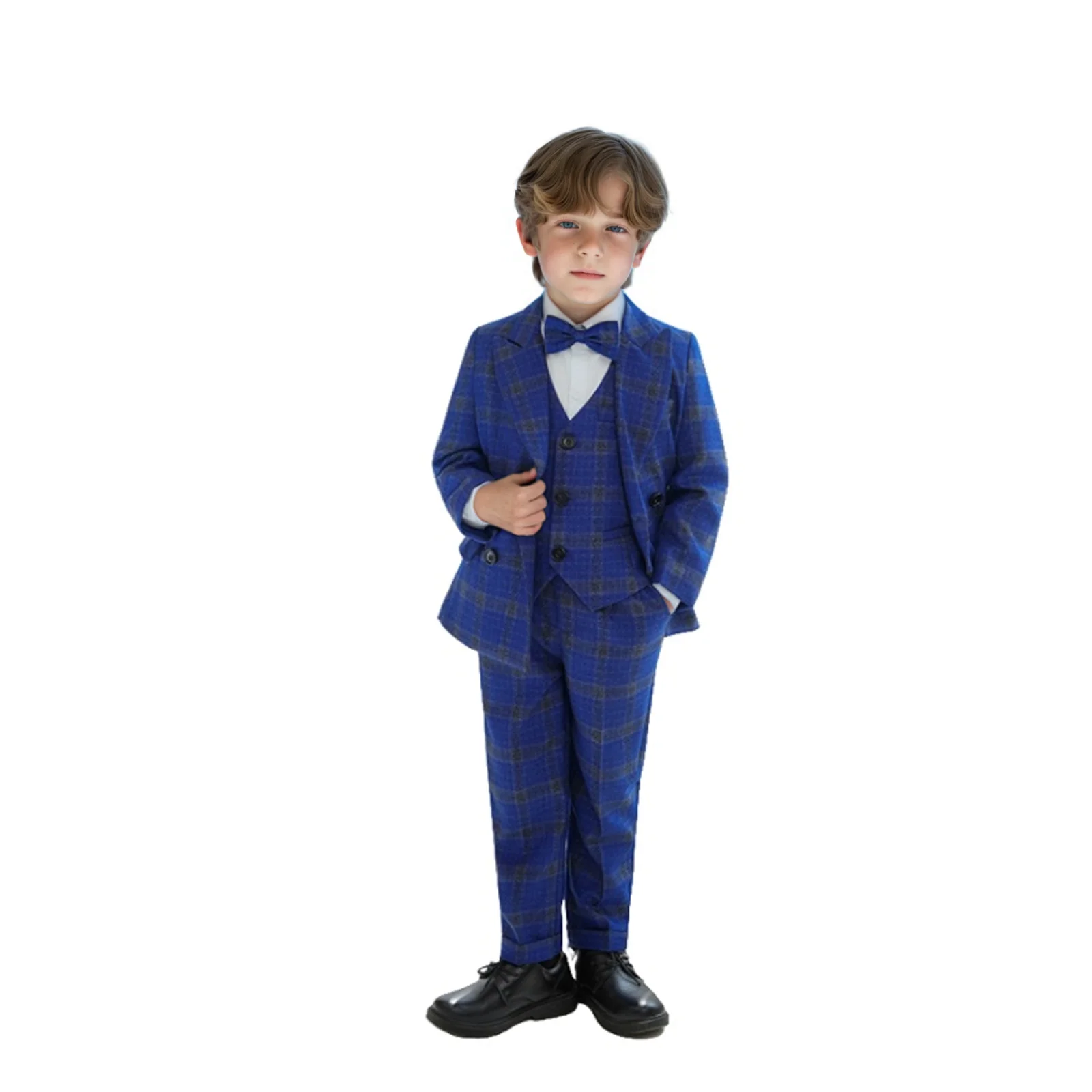 

Kids Blue Plaid 4Pieces Suit Set With Jacket Vest Pants Bowtie Flower Boys Wedding Dress Children Piano Host Performance Costume