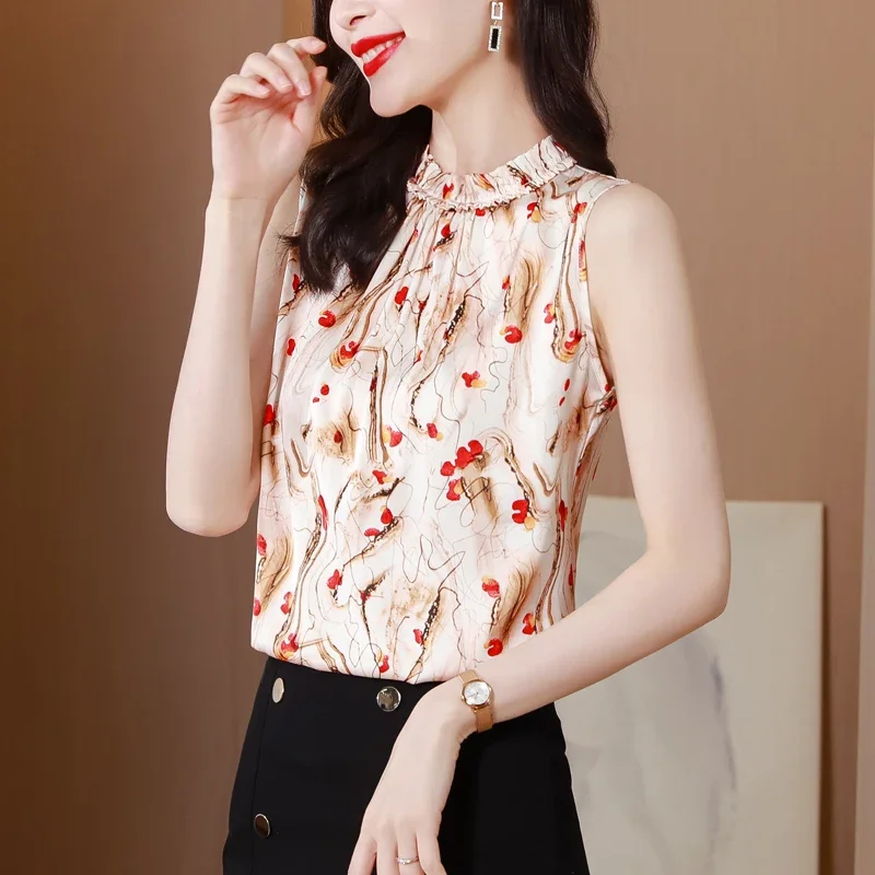 

Spring Summer Tops For Women New Fashion Chiffon Blouse Casual Sleeveless Floral Printed Shirt XQ748
