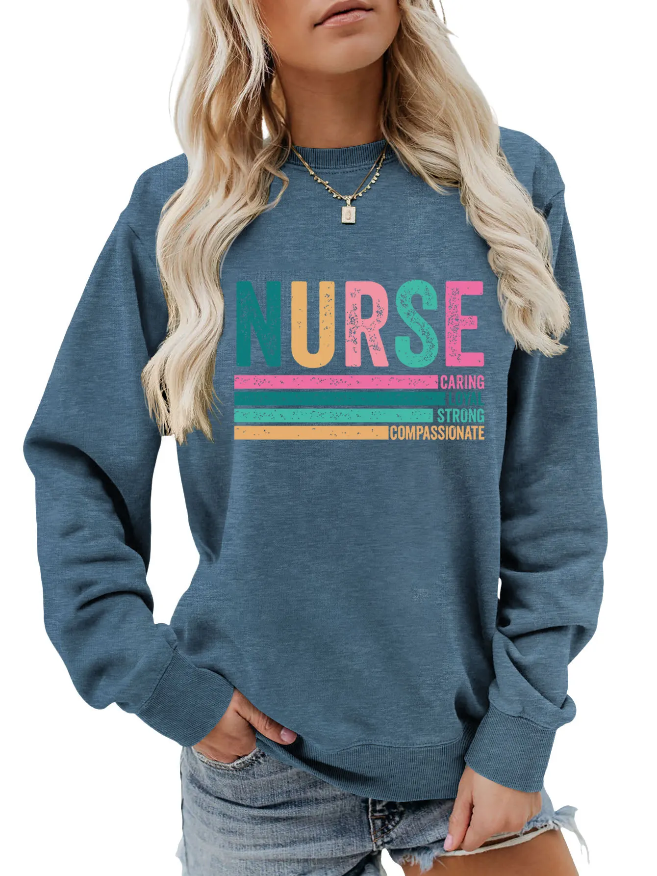 Autumn new crewneck T-shirt hoodie nurse caring loyal strong print loose women's casual top with all fashion pullover