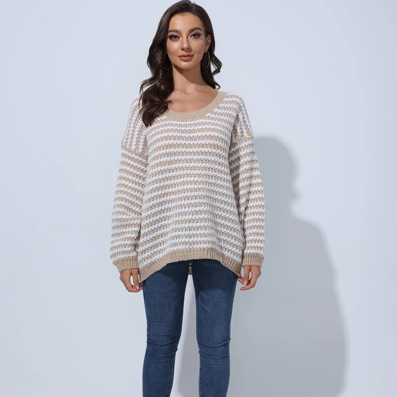 

Retro Striped Knitted Sweaters Women Autumn Winter Warm Loose Casual Pullovers Street All-Match Jumpers Fashion O-Neck Warm Tops