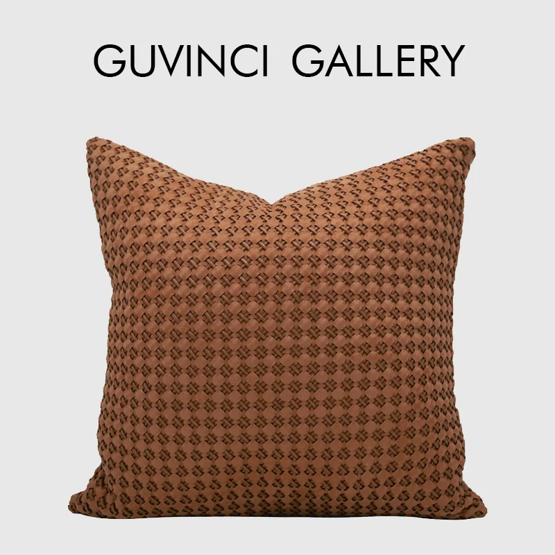 GUVINCI H Style Orange PU Leather Geometry Hand Woven Cushion Cover Luxury Accent Decorative Throw Pillow Case For Villa Hotel