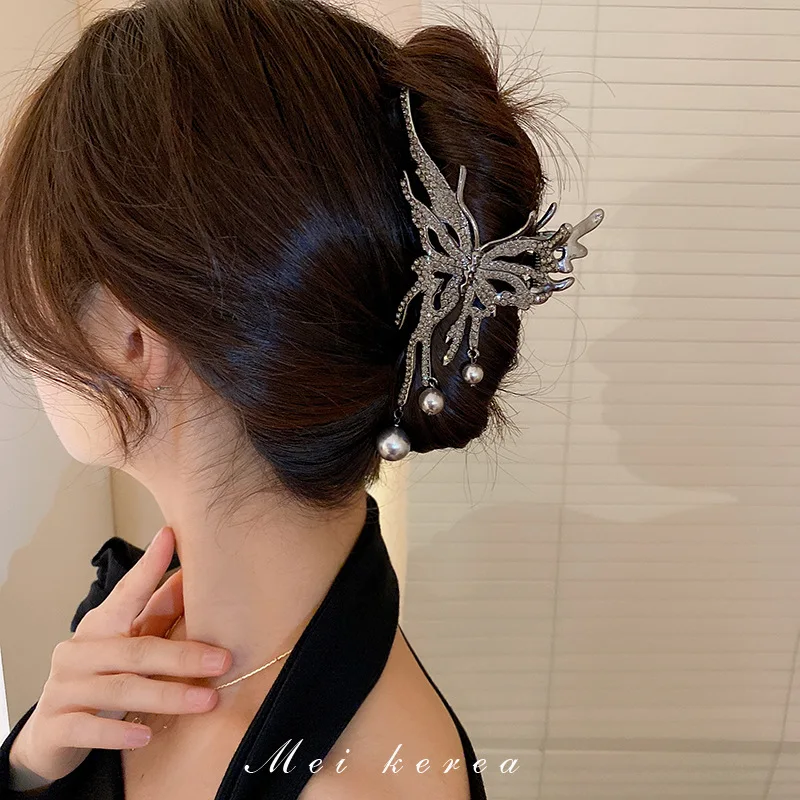 

S3373 Fashion Jewelry Hairpin Barrettes Rhinestones Faux Pearl Butterfly Hairclip For Women Barrette Shark Clip Headdress