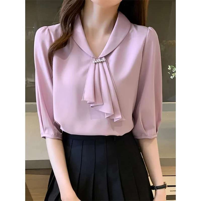 Women Summer Style Blouses Shirts Lady Office Wear OL Short Sleeve Bow Tie Collar Pink Blusas Tops WY1001