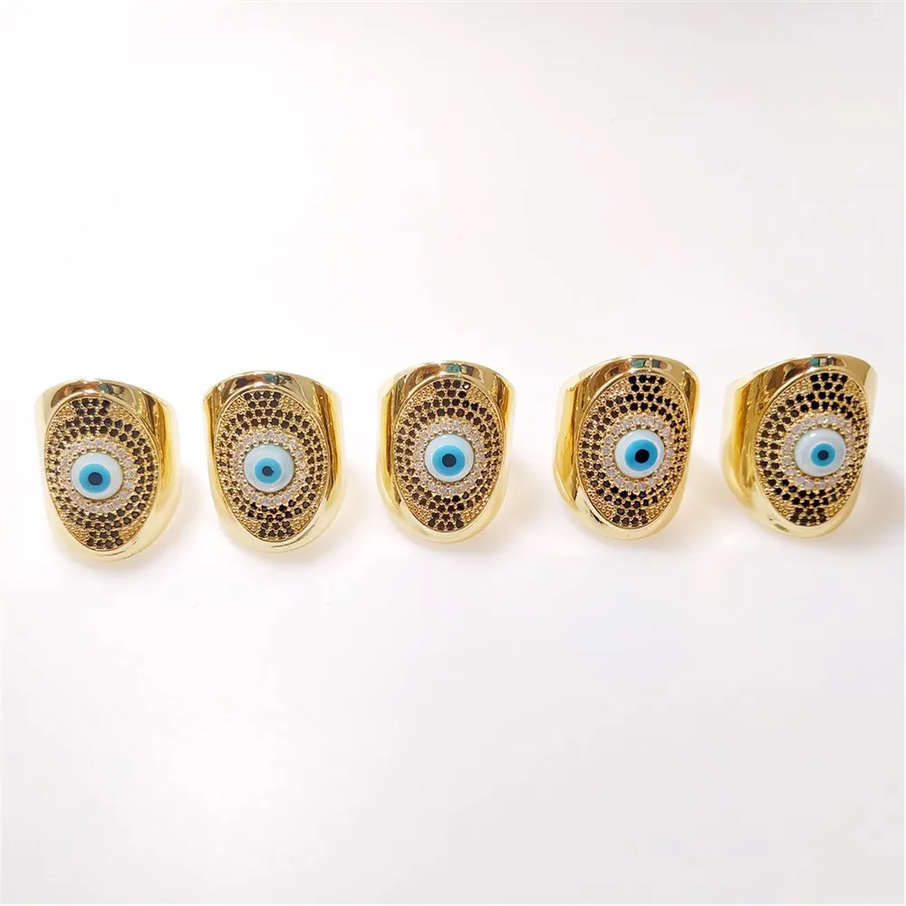 FUWO 1Pcs High Quality Natural Shell Evil Eye Ring,Golden Plated Cubic Zirconia Jewelry Gift For Women/Men Adjustable Size RG075