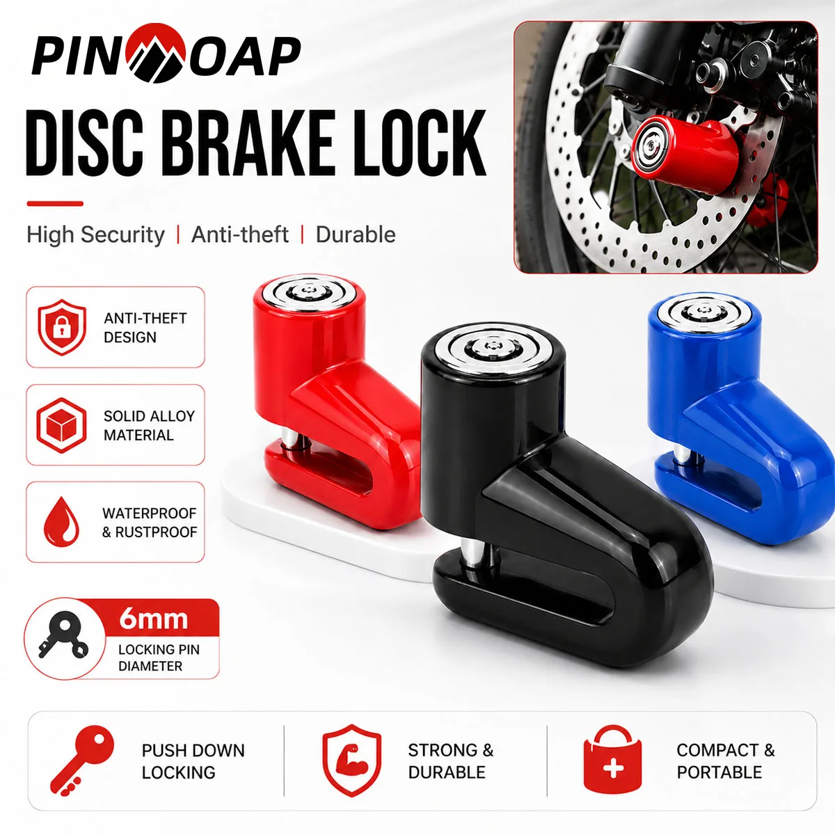 PINMOAP 1PC Bike Disc Brake Lock Anti Theft Bicycle Rotor Lock Heavy Duty Security Padlock For Mtb Road Bike Scooter Motorcycle