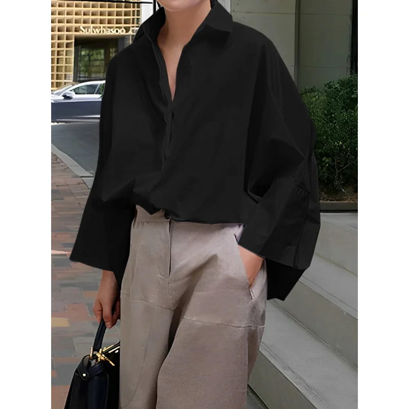 Solid Color Blouses for Women Loose Lapel Collar Long Sleeves Shirt Tops Urban Female Spring New Stylish T-shirt