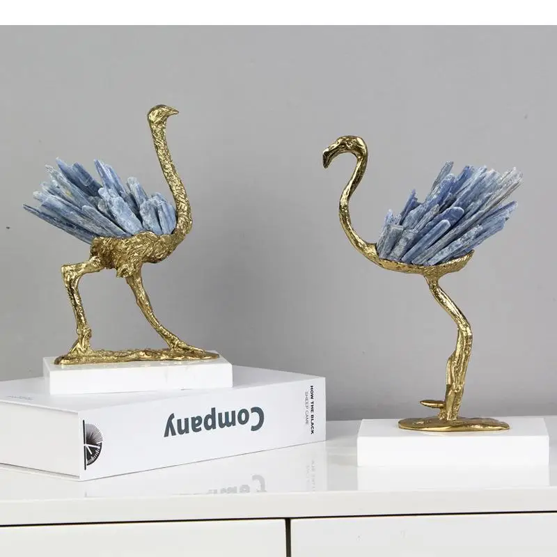 

Blue Crystal Brass Ostrich Sculpture Ornaments Abstract Crafts Living Room Furnishings Desk Decoration Artwork Statue