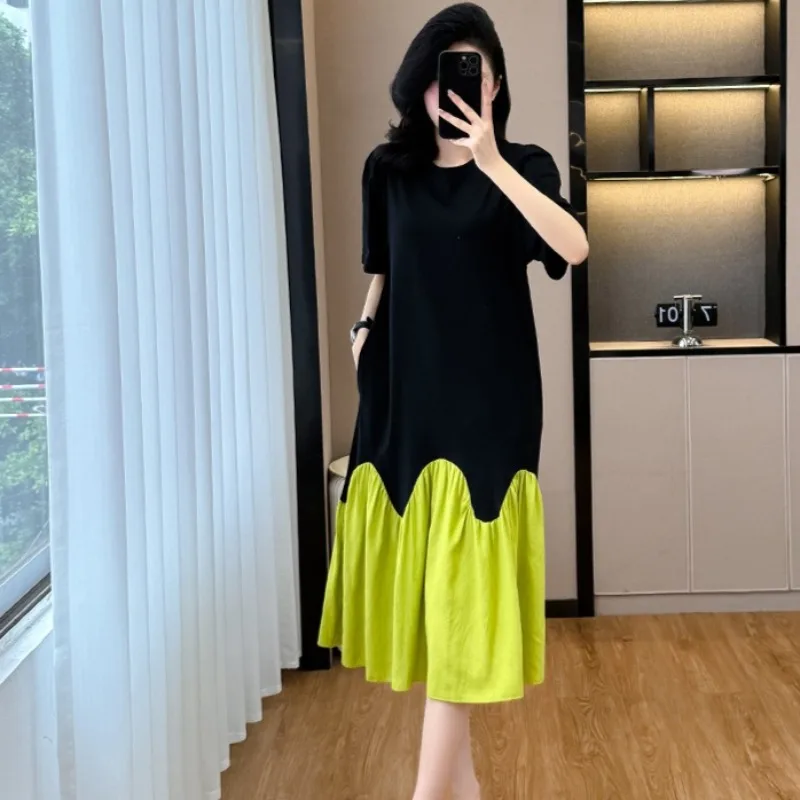 2025 여름 캐주얼 드레스 한국 캐주얼 배색 스티칭 드레스 여성 루즈 슬리밍 여성 티셔츠 피쉬테일 드레스