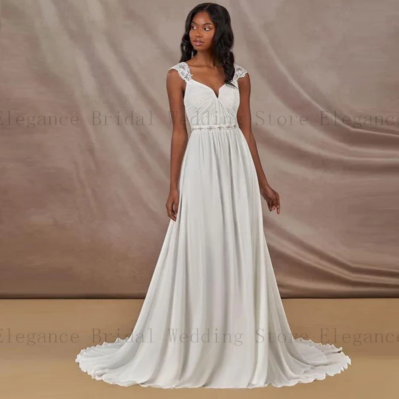 Spalline per berretto in Chiffon bianco abiti da sposa per donna 2023 perline di paillettes abito da sposa lungo da spiaggia a trapezio con abiti pieghettati