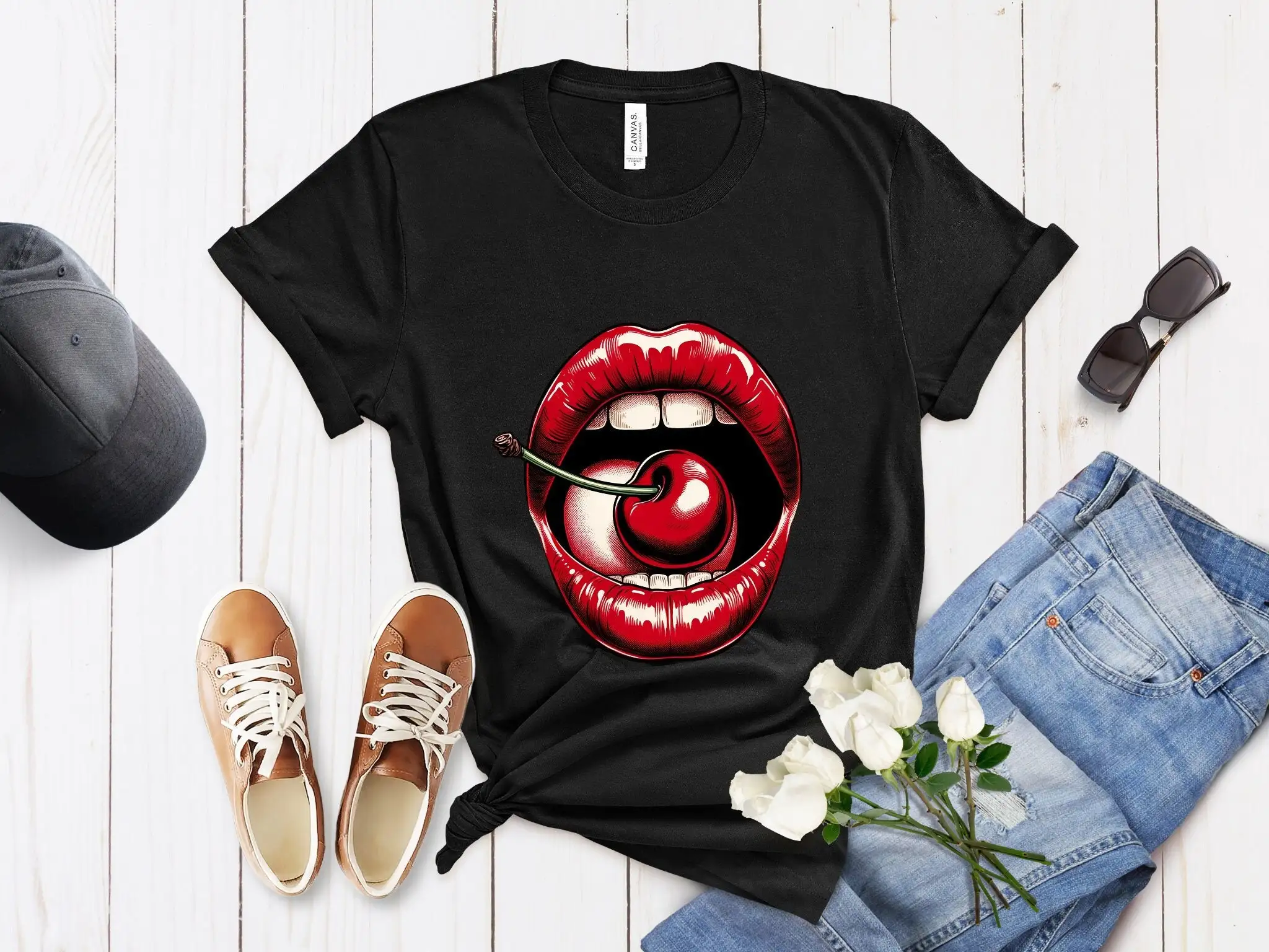 

Playful Cherry Lips T Shirt Design Fashionable Casual Wear Unique H andmade Perfect Idea for Him Her