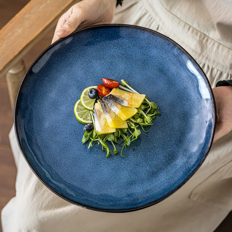 

1pcs Blue Crude Pottery Steak Plate 28cm Ceramic Western Food Plates Household Flat Dish Simple Spaghetti Dishes Dessert Tray