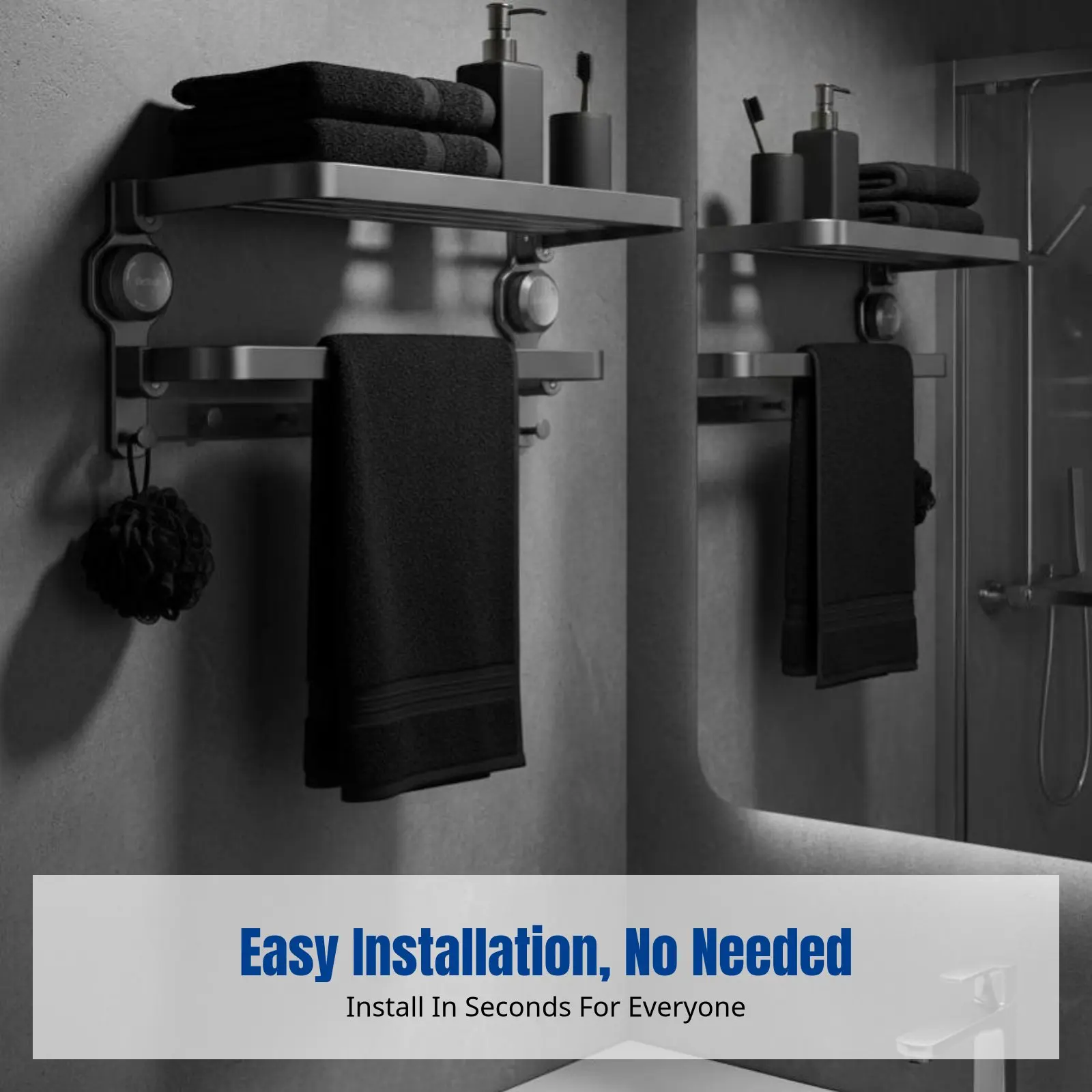 

Bathroom Suction Mount Towel Rack, Foldable Shelf, Space Aluminum Organizer, No-Drill, Modern Minimalist Storage for Shower Room