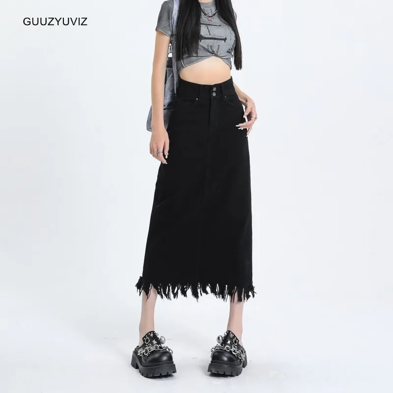 

GUUZYUVIZ Tassel Black High Waisted A-line Denim Skirt For Women