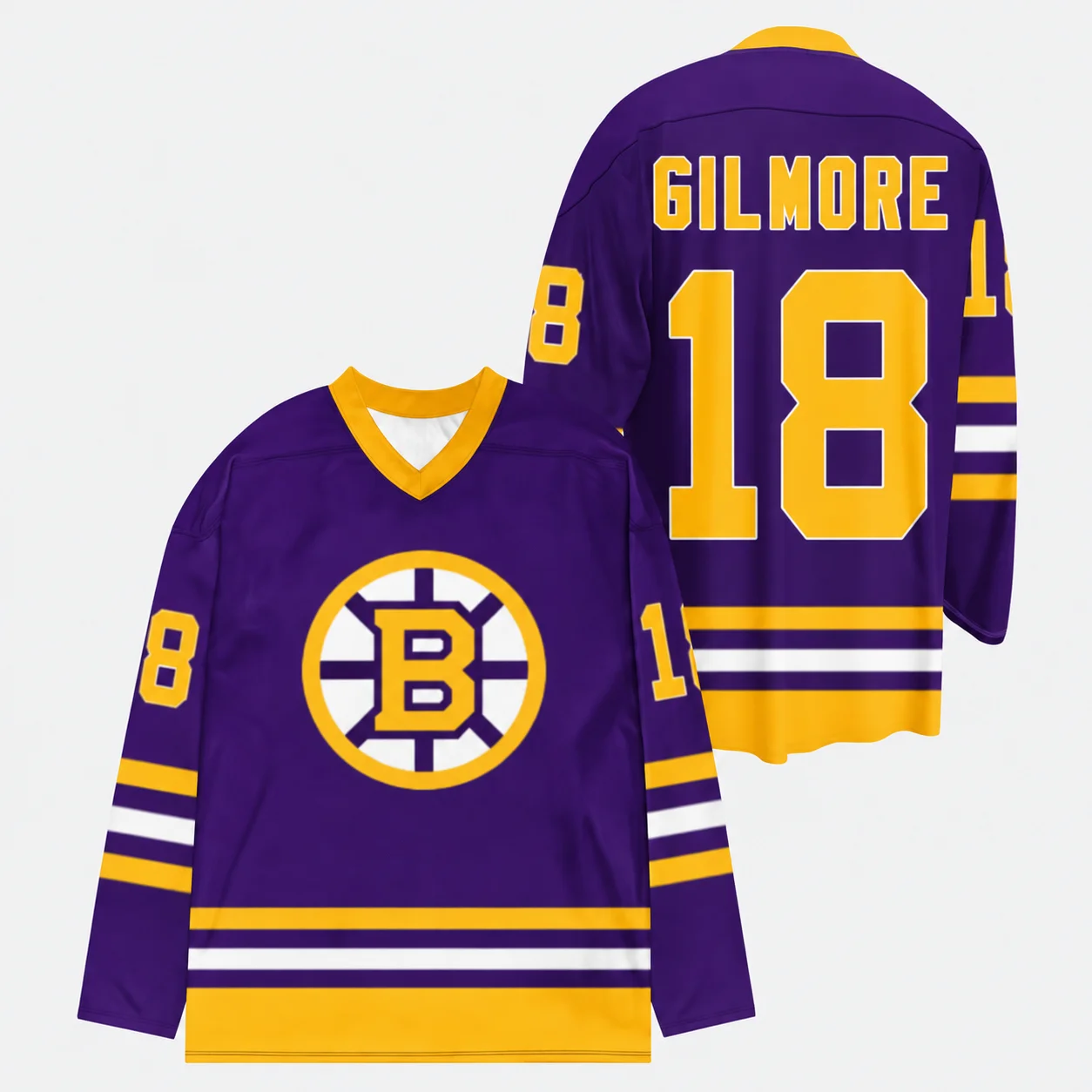 Happy Gilmore 2 Hockey-Trikot 18, V-Ausschnitt, langärmelig, schwarz-goldener Streifen, Boston Bruins-Stil, Unisex, für Männer und Frauen, Geschenk für Filmfans. – Detail 3