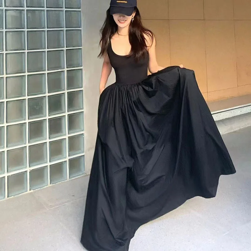 Lucyever Korean Fashion Black Maxi Dress Women Summer Sleeveless Spaghetti Strap Dresses Female Elegant Patchwork A-Line Dress