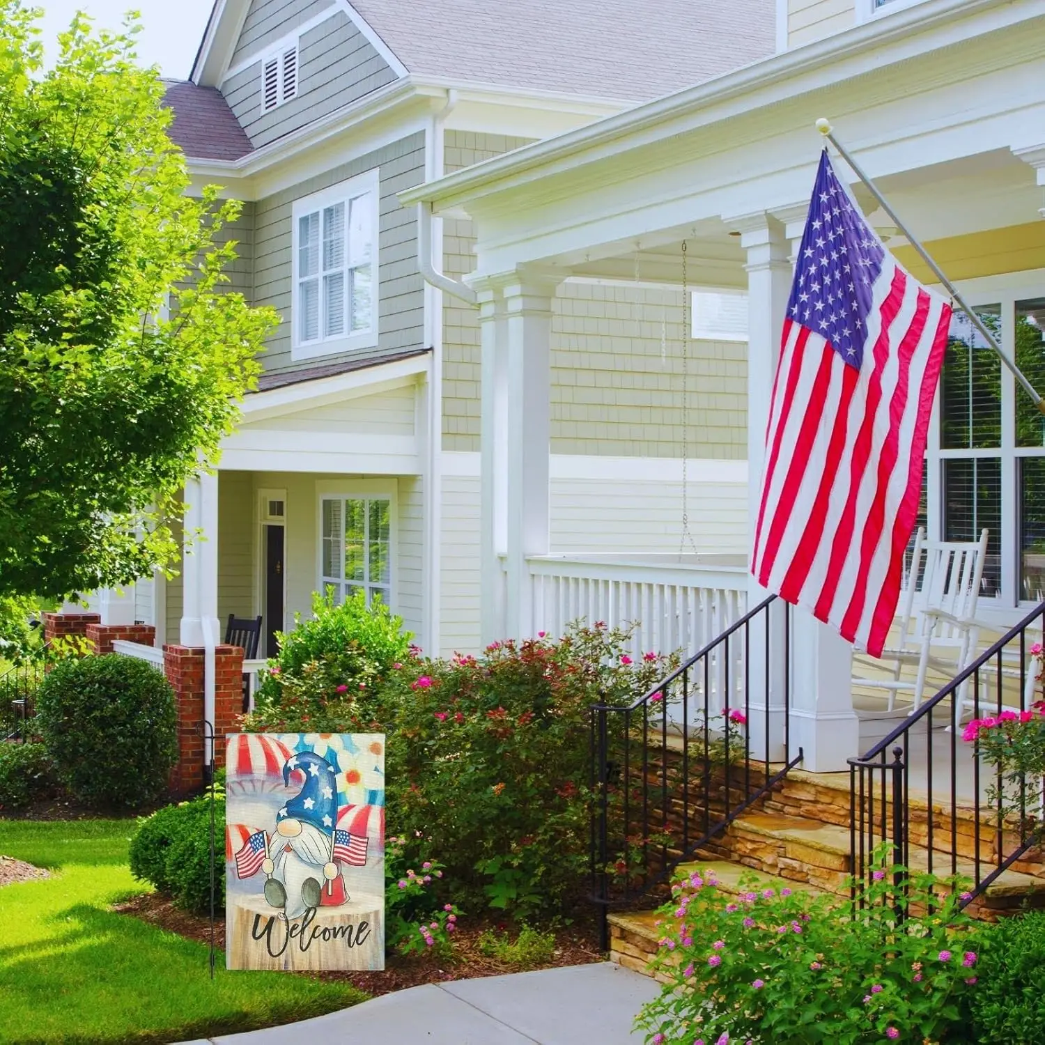 Patriotic Welcome Gnomes Garden Flag, Burlap Double Sided Small Vertical 12x18 Inch flags, Independence Day Fourth of July Lawn