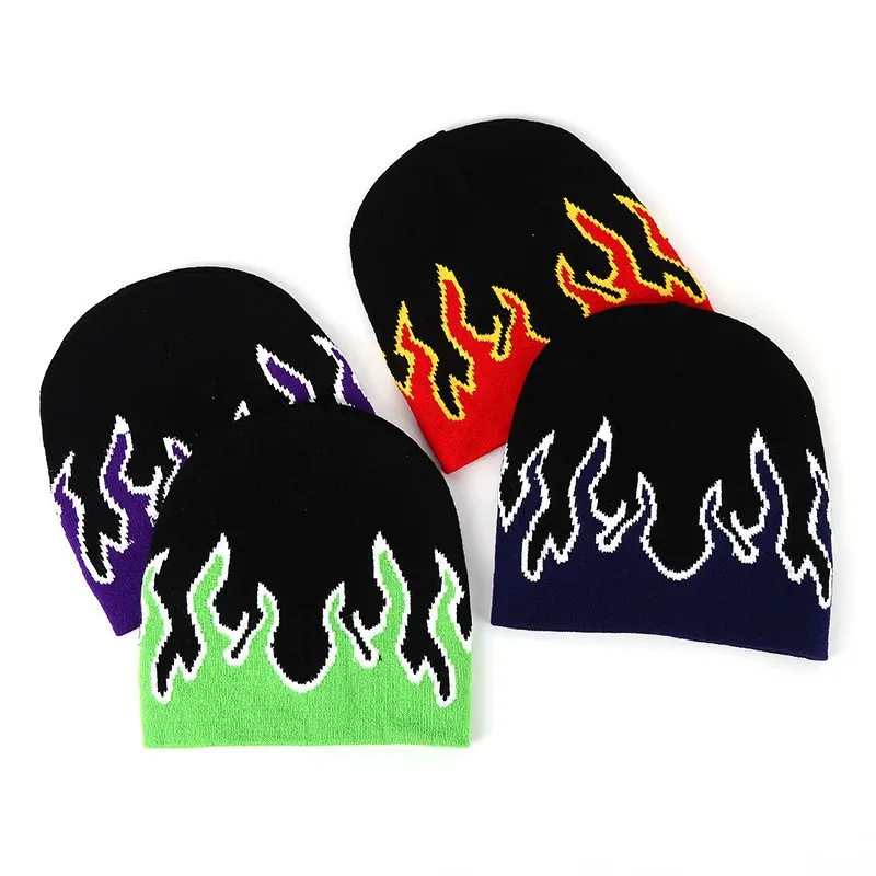 Fashion Acrylic All Over Flame Pattern Beanie Caps Custom Winter Knitted Hat Printed Jacquard Beanies