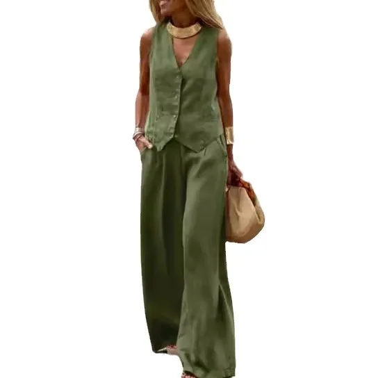 

2025 Новая модная рубашка с v-образным вырезом на пуговицах + широкие брюки, комплекты из двух предметов, женский летний повседневный топ, брючный костюм для женщин