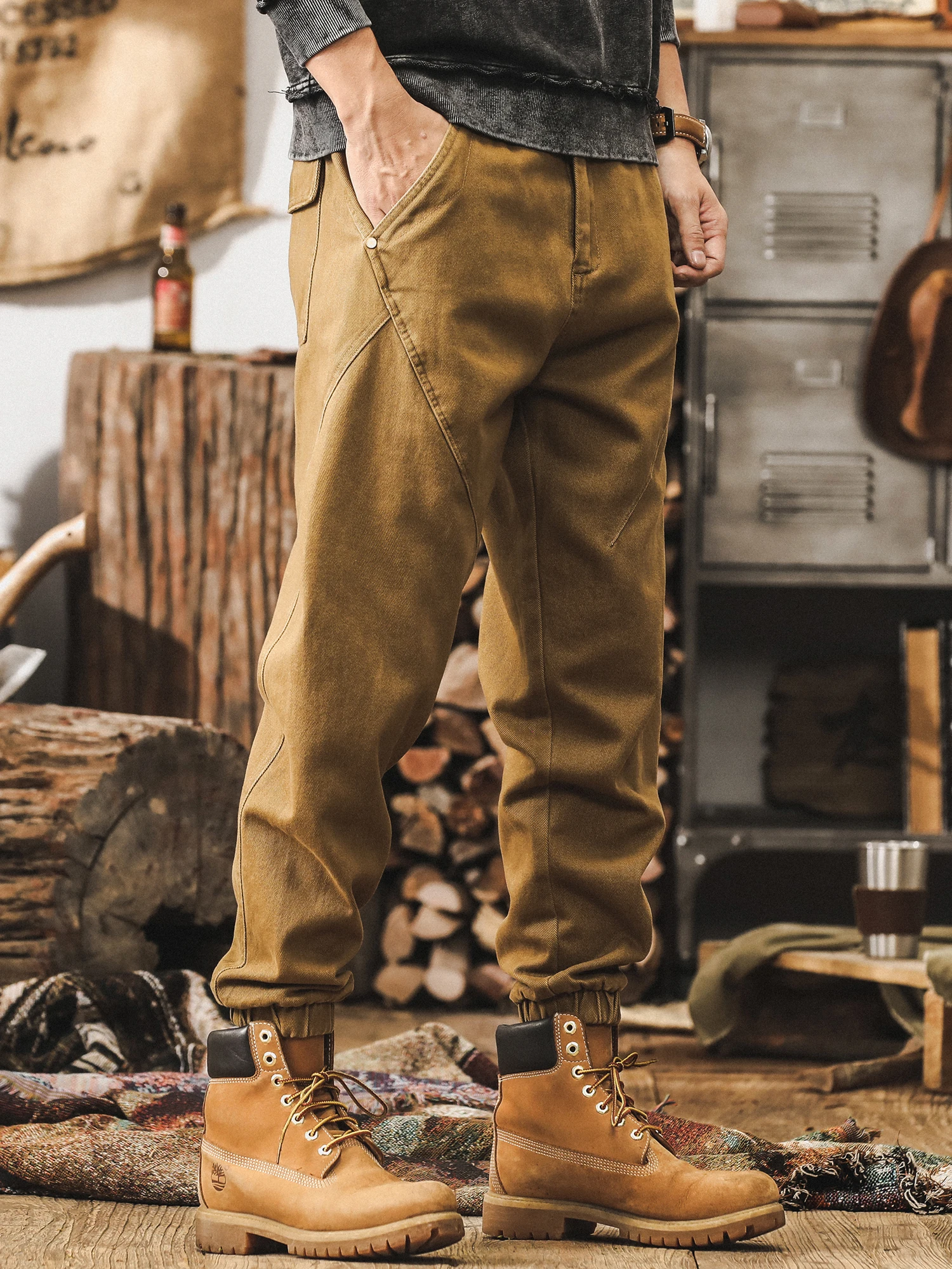 

Американские рабочие брюки в стиле ретро, мужские свободные повседневные брюки, осенние брендовые длинные брюки с манжетами, молодежные хлопковые износостойкие брюки