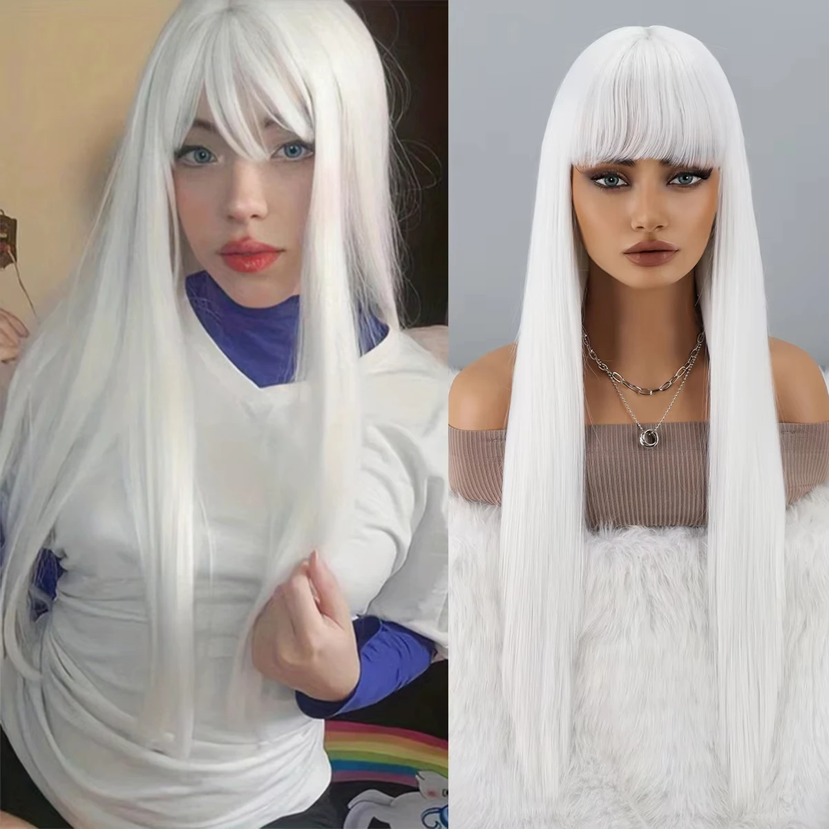 

26-inch white synthetic wig for long straight hair, Halloween cosplay costume, daily wig, high-temperature hair accessory