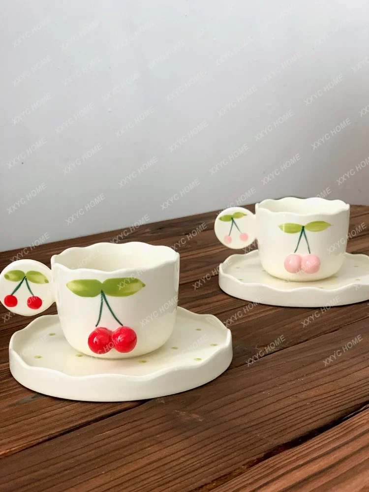 Afternoon Tea Three-Dimensional Hand-Painted Cherry Cup and Saucer Coffee Set 180ml Cup and Saucer