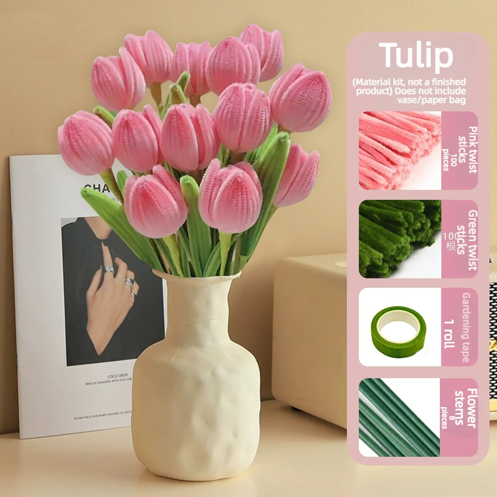 

200 Pieces Pipe Cleaners Pink Tulip Craft Supplies Plush Twist Sticks Chenille Stems Twisting Bar Wedding Home Table DIY Flower