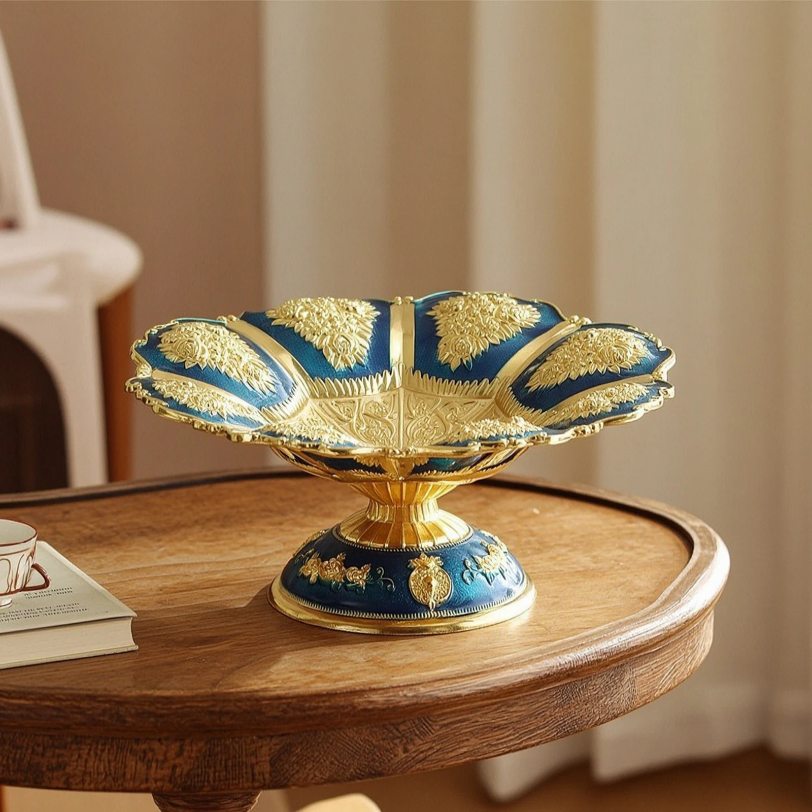 Pedestal Fruit Tray Ornate Scalloped Bowl with Pedestal Embossed Fruit Dish Gold-Toned Compact for Home Decorators, Dining Table