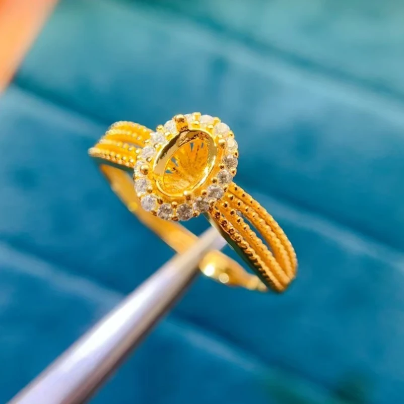 

Latest Design Three Gemstones Silver Ring Setting 3mm Round Gemstone Ring Setting with Thick 18K Gold Plating