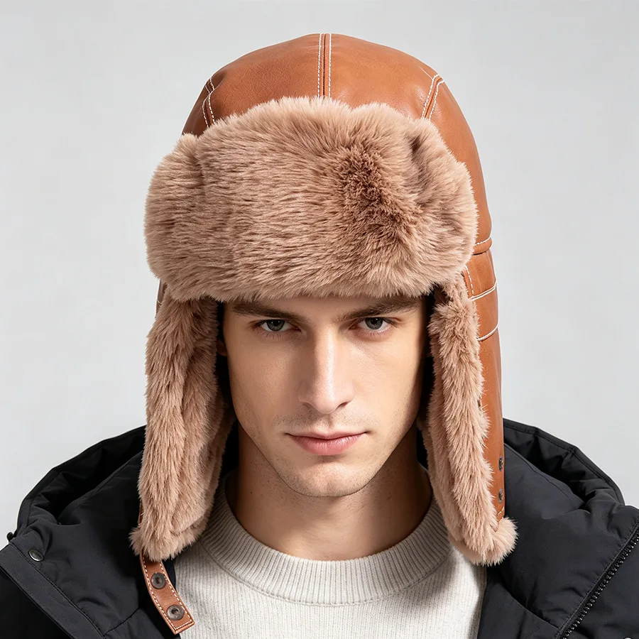 Men's Winter PU Leather Thicked Lei Feng Hats Russian Ushanka Hat Outdoor Warm Earflap Windproof Snow Caps